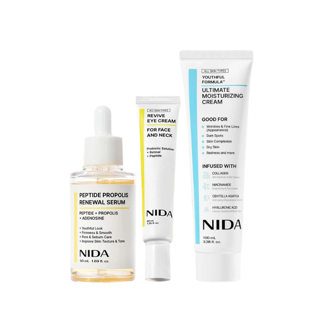 Pack NIDA – Sérum Propolis + Crème Hydratante + Eye Cream Rétinol & Probiotiques